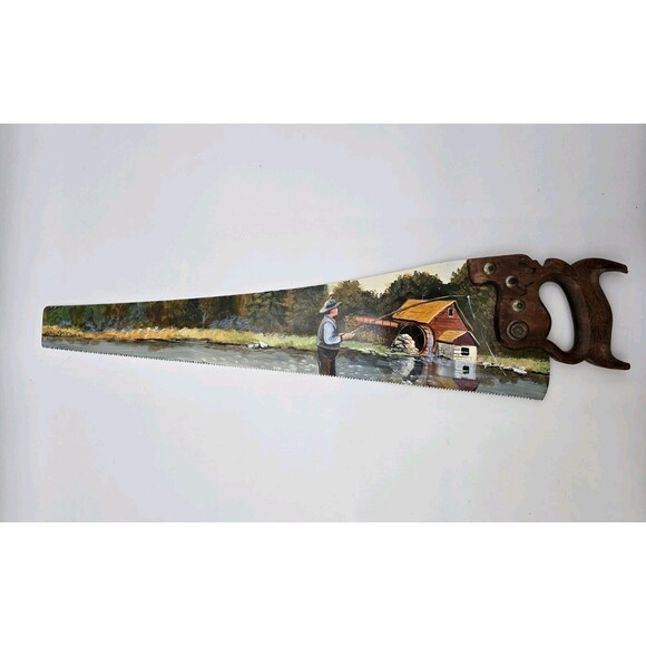 Antique Hand Painted Saw Blade Folk Art Lake River Fishing Scene by a Mill - Picture 1 of 8